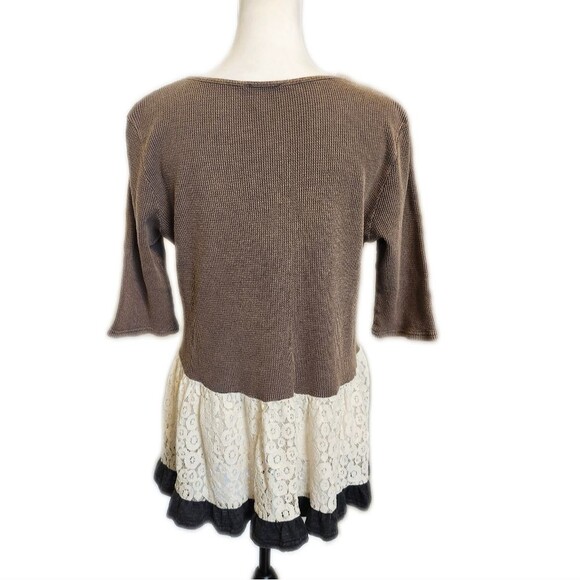 5/$55 Umgee Mixed Media Waffle Knit Top With Lace Panel, 3/4 Sleeves, L - Picture 3 of 6